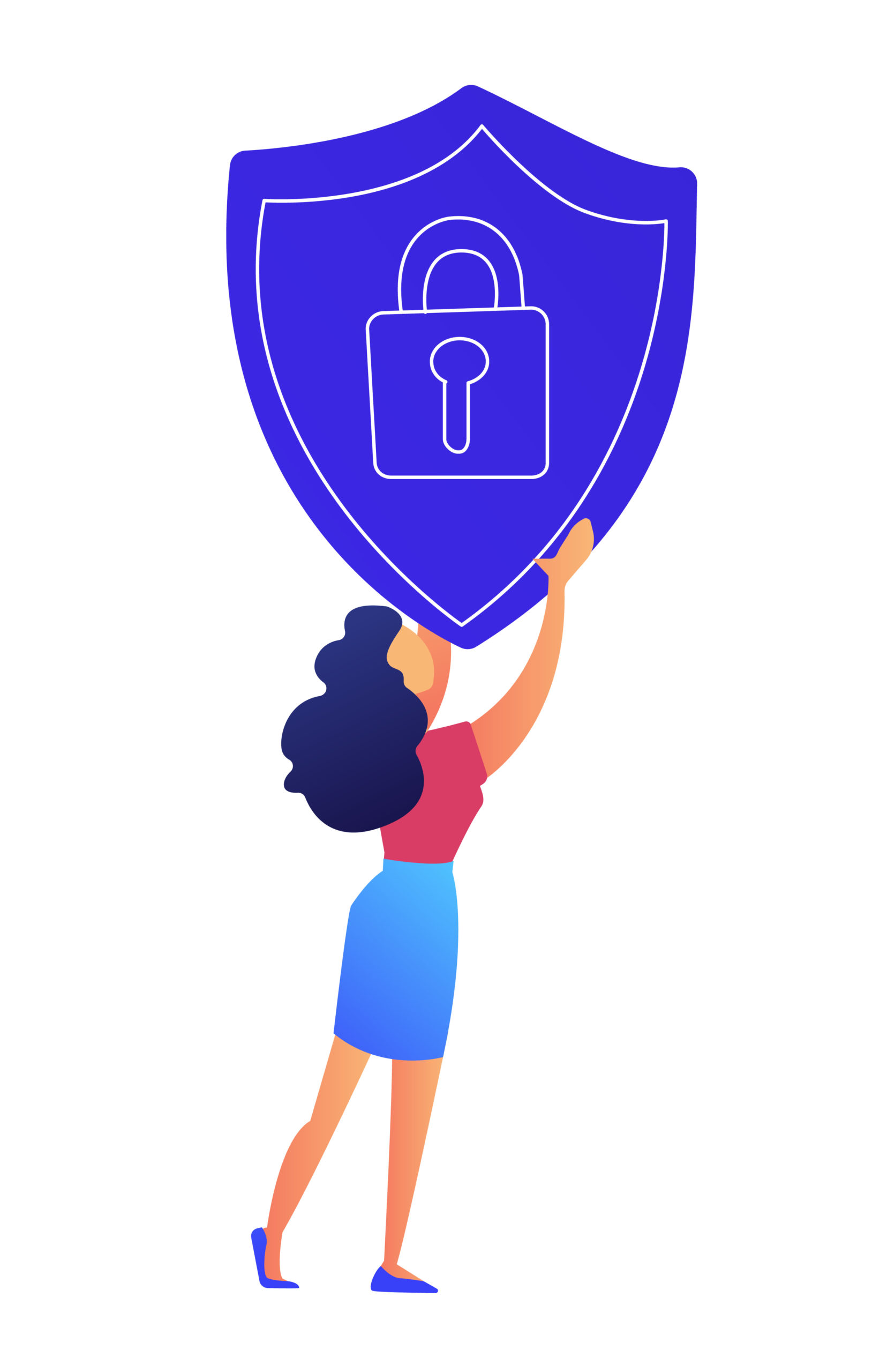 Female IT specialist holds protection shield with lock vector illustration.