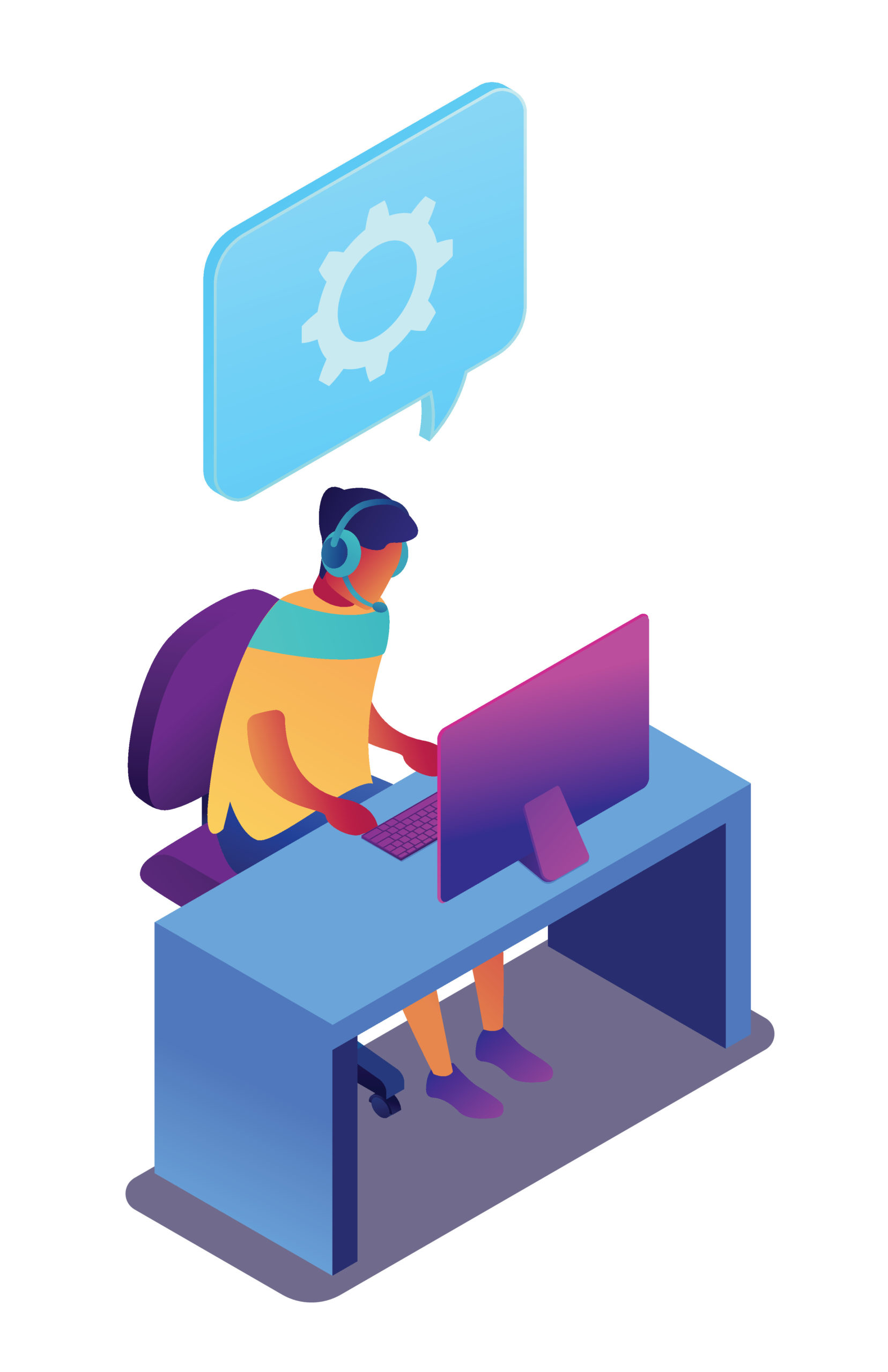 Technical support operator working on computer, tiny people isometric 3D illustration