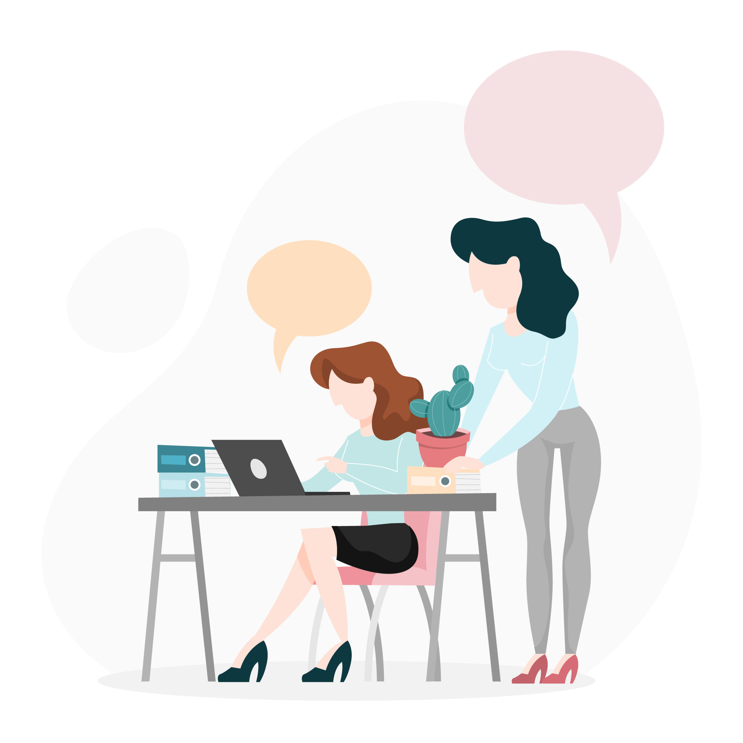 Two person talking on the office. Woman sitting