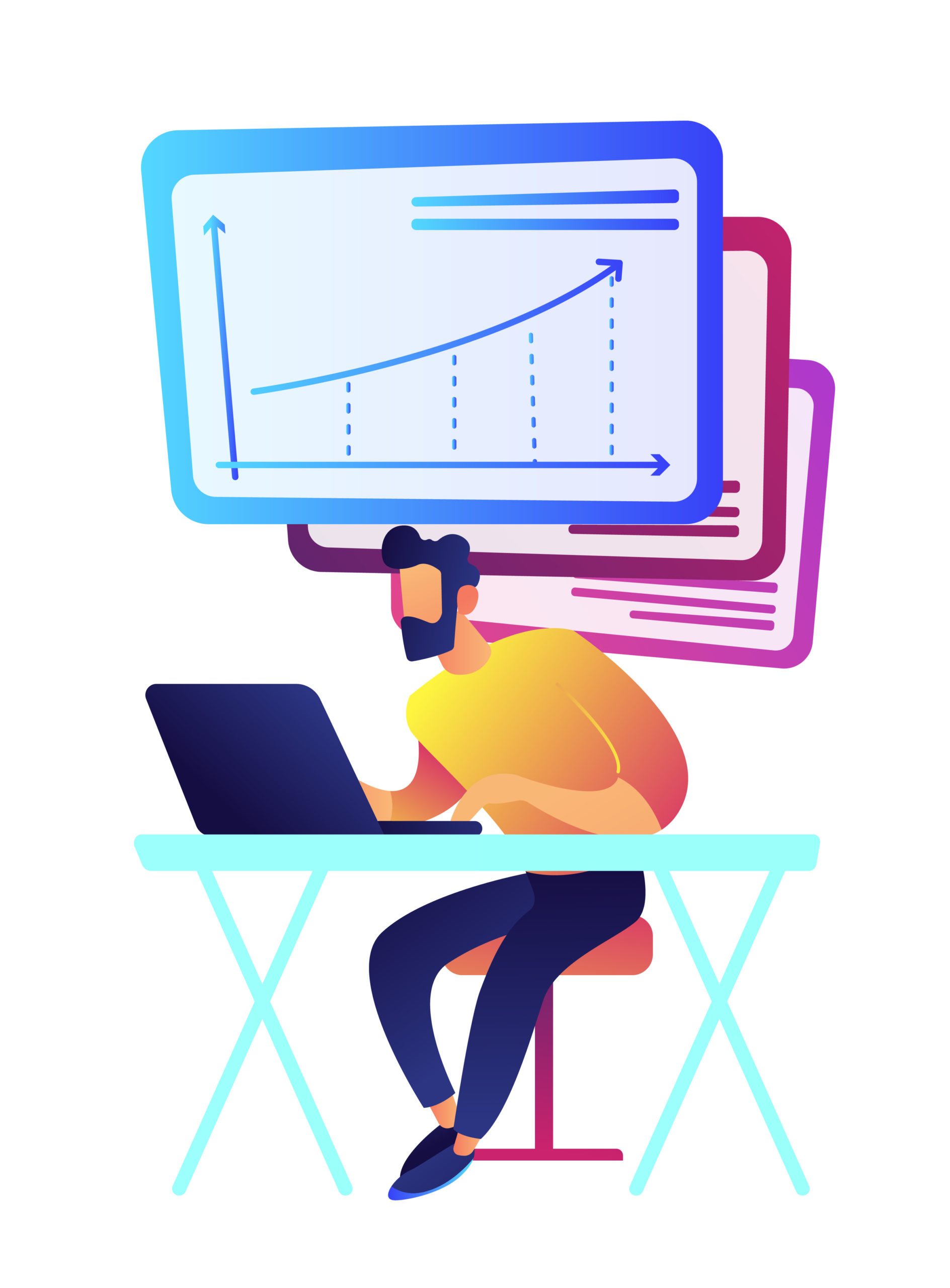 Businessman working at laptop with charts vector illustration.